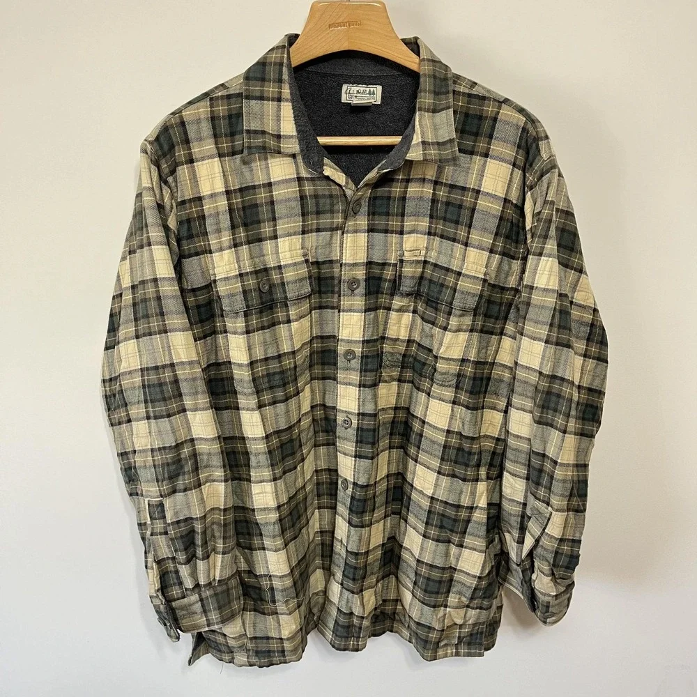 LL Bean Flannel Shacket Jacket Mens XL Green Plaid Fleece Lined Shirt Outdoor